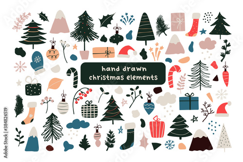 Set of abstract christmas new year winter icons xmas tree, gifts, balls, snowflake, leaves, branch, red berries, santa hat, abstract geometric shapes. Vector illustration hand drawn doodle flat style