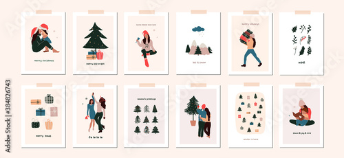 Set of christmas new year winter holiday greeting cards with family kids, xmas decoration. Vector abstract christmas people trendy illustration in hand drawn flat style