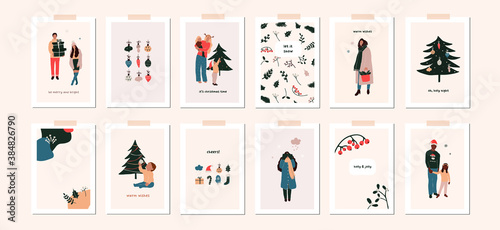 Set of christmas new year winter holiday greeting cards with family kids, xmas decoration. Vector abstract christmas people trendy illustration in hand drawn flat style