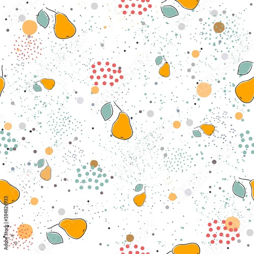 Cute Hand Drawn Seamless Pattern with Hand Drawn Pears and dots. Great for wall art design, gift paper, wrapping, fabric, textile, etc.Vector Illustration