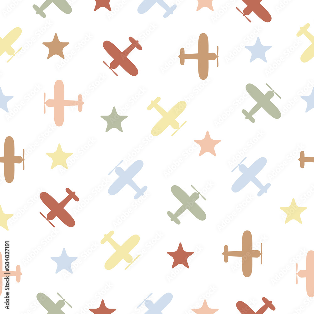 Plane flying seamless pattern. White child airplane color background. Vector illustration. Plane flying seamless pattern. White child airplane color background. Vector illustration.