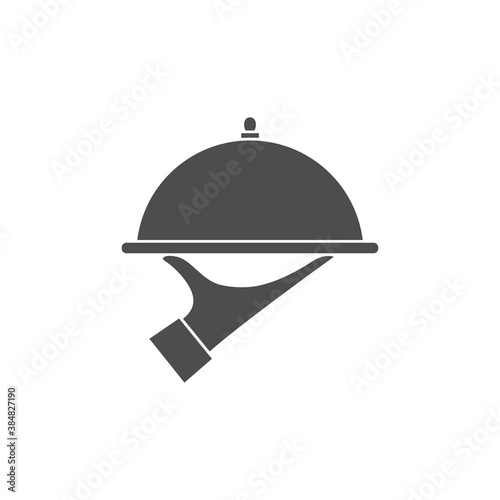 Waiter black icon symbol. Hand holding tray vector illustration isolated on white.