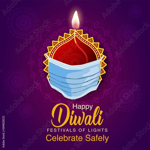  Happy Diwali celebration background. Top view of banner design decorated with illuminated oil lamps on patterned yellow dark background. vector illustration. covid corona virus concept