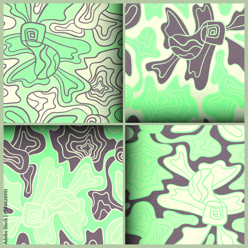 A set of abstract hand-drawn four seamless backdrops with creative patterns that similar flowers.