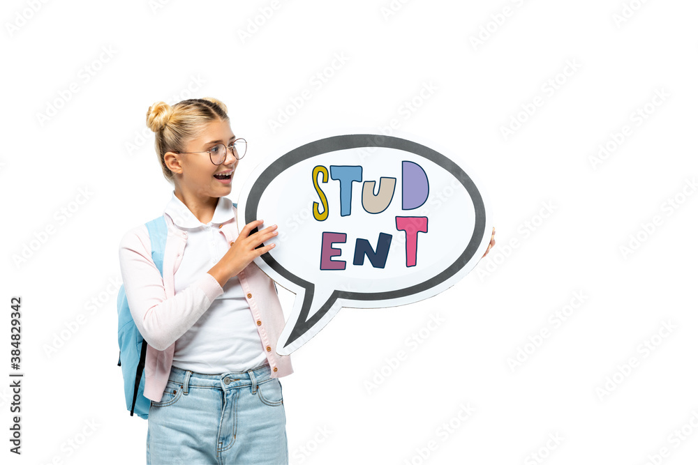 Schoolchild with backpack holding speech bubble with student lettering isolated on white Schoolchild with backpack holding speech bubble with student lettering isolated on white