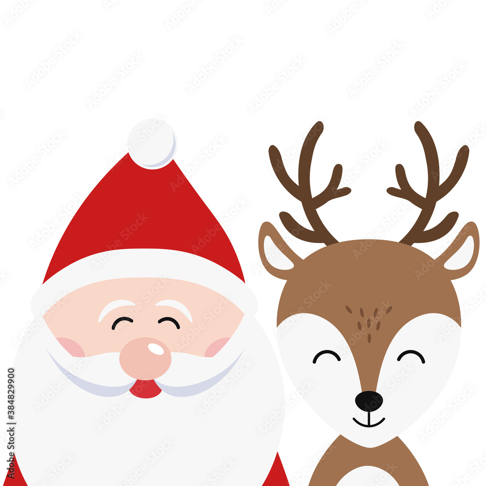 Santa and reindeer cartoon merry christmas card white background Santa and reindeer cartoon merry christmas card white background