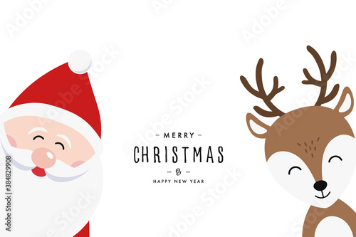 Santa and reindeer cartoon merry christmas greeting white background