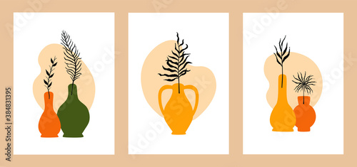 Abstract plant wall decor. Modern minimalist poster set of potted flowers boho style. Hand drawn organic shapes, contemporary vector illustration
