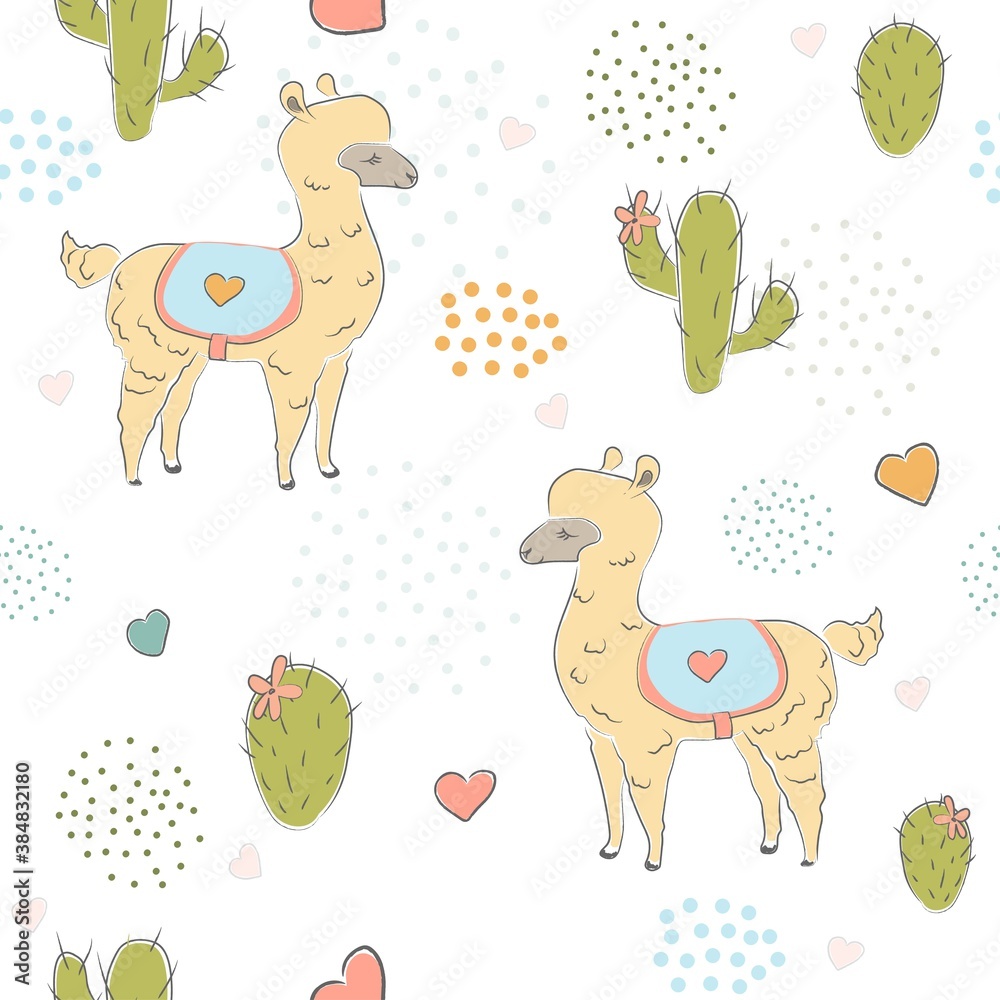 Hand Drawn Seamless Pattern with young alpacas, cacti and hearts on subtle background with dots. Hand Drawn Seamless Pattern with young alpacas, cacti and hearts on subtle background with dots.