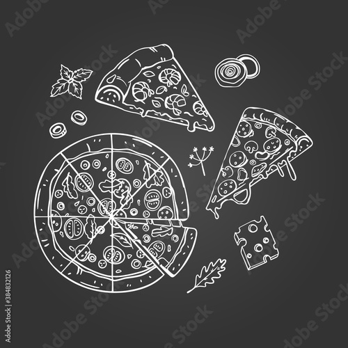 A set large round pizza, ingredients and two slices. Linear vector drawing in doodle style. Italian fast food. White outline on a black background. For printing on paper and web design