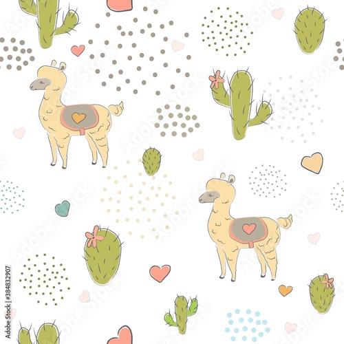 Seamless Alpaca Pattern with cacti, hearts and dots on dark background. Hand Drawn Design.