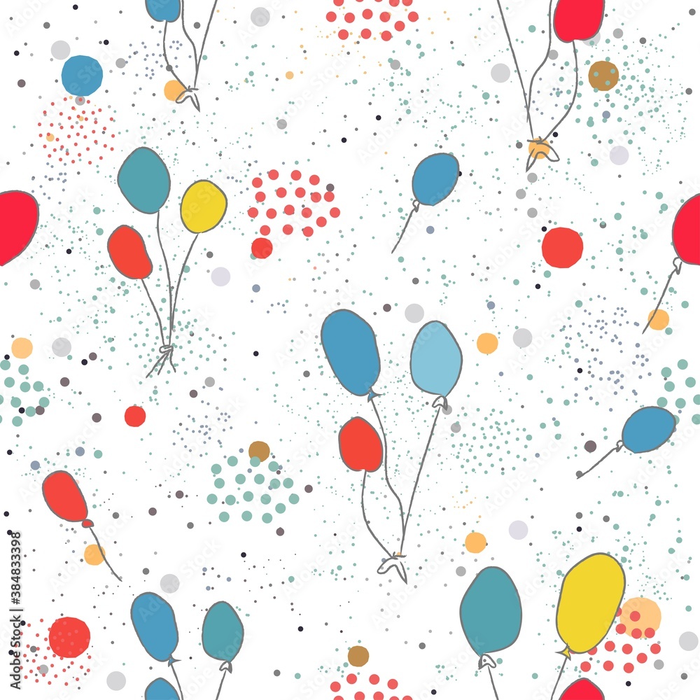 Seamless Funny Pattern with colorful balloons on dotted background. Hand Drawn Design.