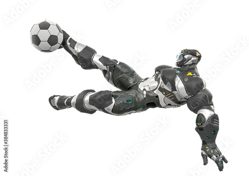 futuristic astronaut is kicking in  volley style the football ball