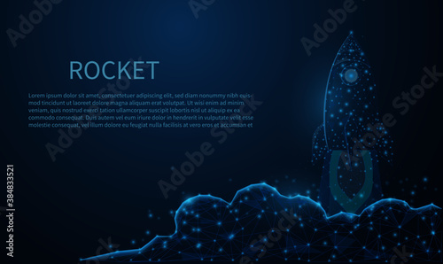 Abstract blue glowing Rocket launch. Low poly, particle, and triangle style design. Abstract geometric background. Wireframe light connection structure. Business startup concept.Illustration vector 