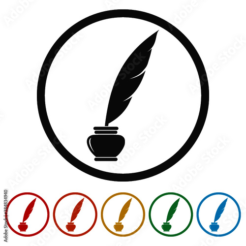 Bird feather in inkwell ring icon, color set