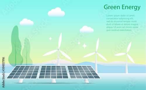 Solar panels and wind turbines in white clouds and blue sky background. Renewable Electric power production, green and clean energy resources to environment. Vector.
