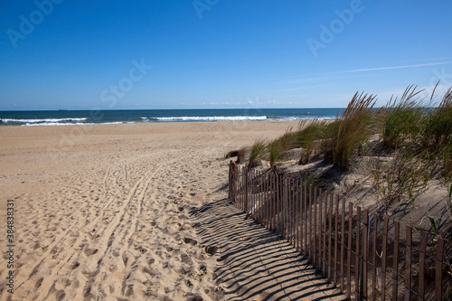 Beach at Sandbridge, Virginia. Blue sky, Atlantic Ocean, beach and sand dunes.