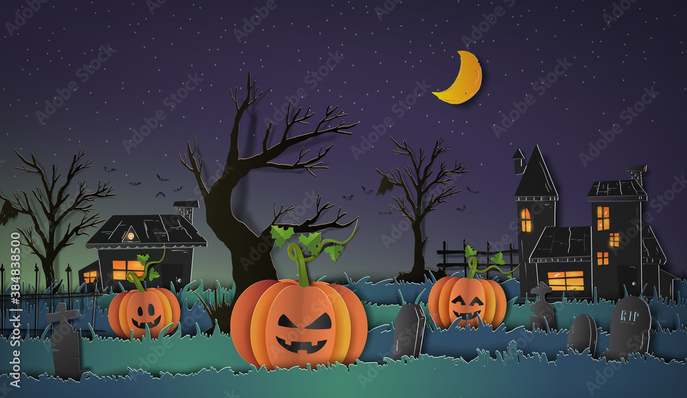 Fototapeta premium Halloween illustration with paper art style can be use for greeting card, invitation, poster, party and celebration event