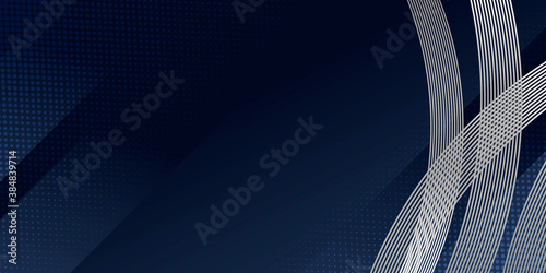 Trendy composition of blue technical shapes on black background. Dark metallic perforated texture design. Technology illustration. Vector header banner 