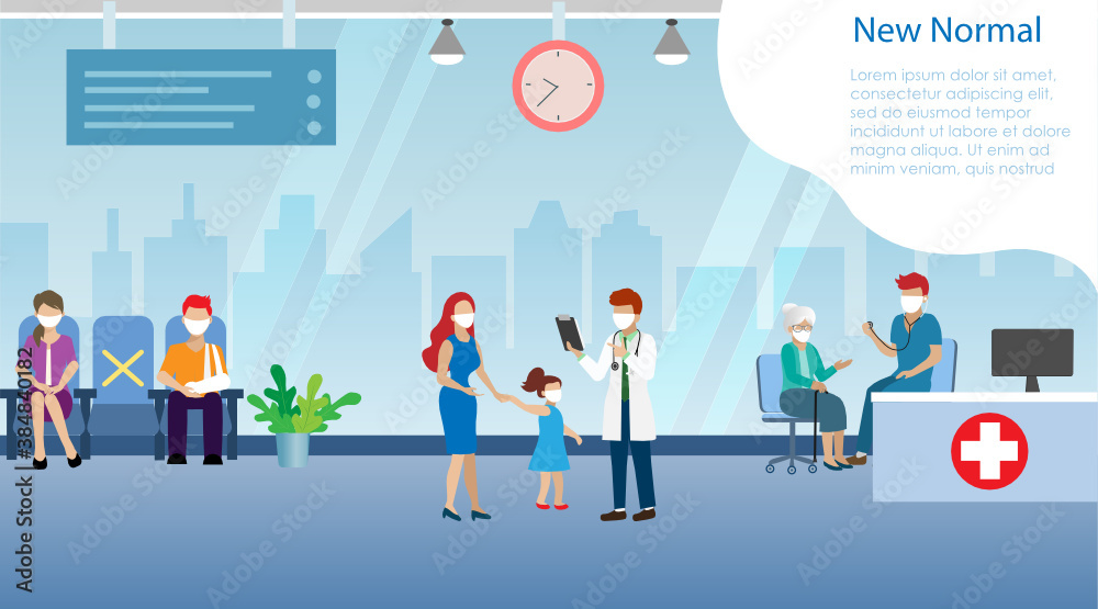 Doctor and all aged patients wearing face mask to protect from COVID-19 pandemic in hospital. Idea for new normal, social distancing in clinic, hospital. Doctor and all aged patients wearing face mask to protect from COVID-19 pandemic in hospital. Idea for new normal, social distancing in clinic, hospital.