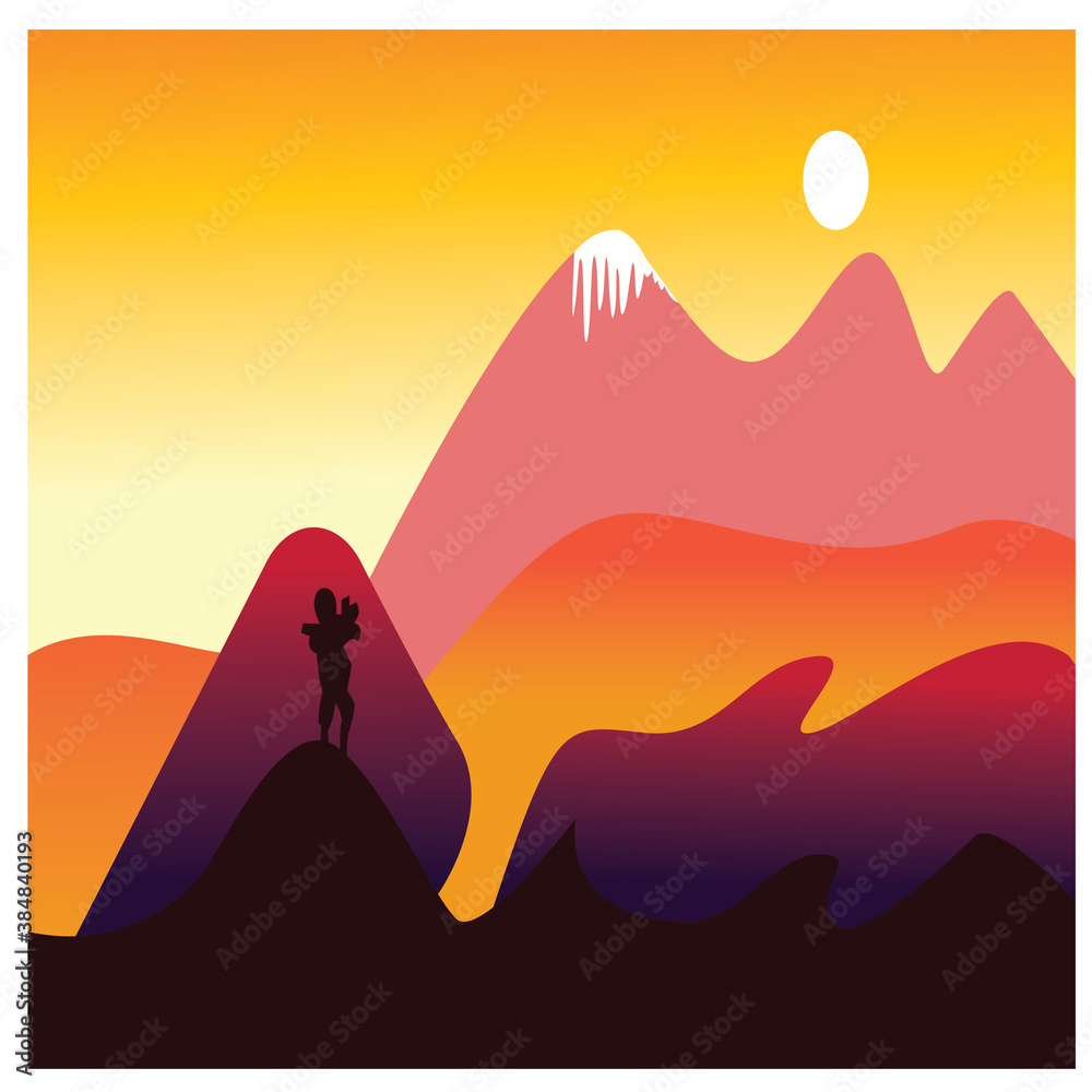 natural landscape background, illustration of climber, flat color, vector design