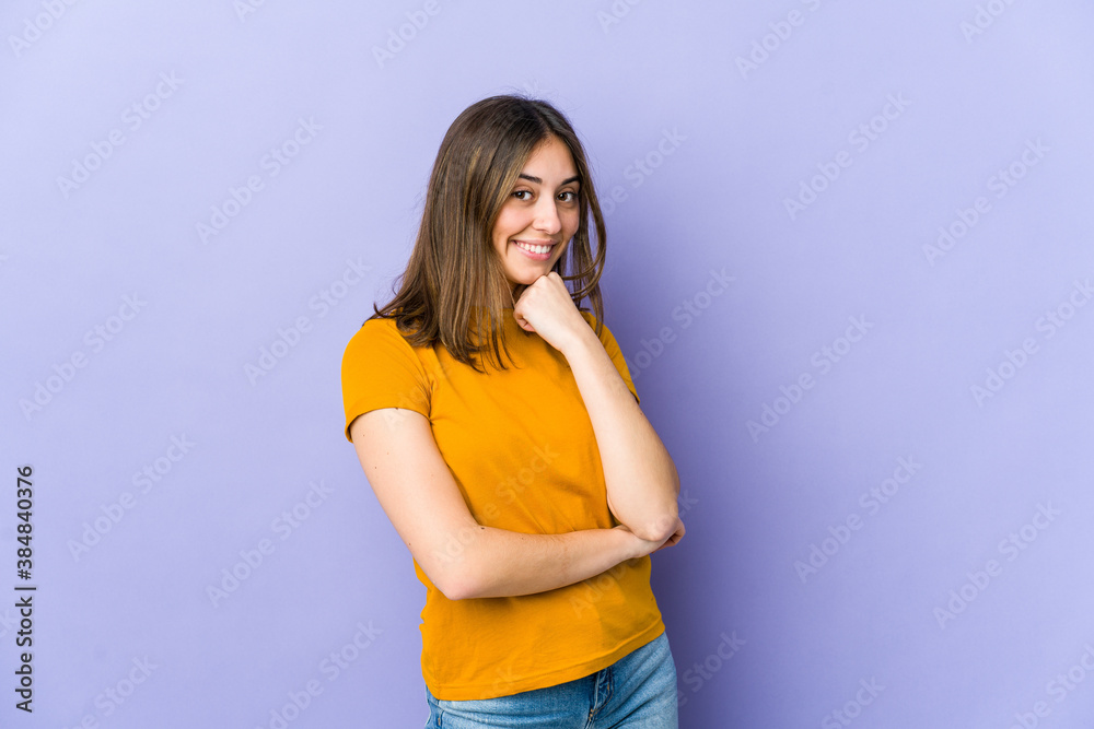 Young caucasian woman smiling happy and confident, touching chin with hand. Young caucasian woman smiling happy and confident, touching chin with hand.