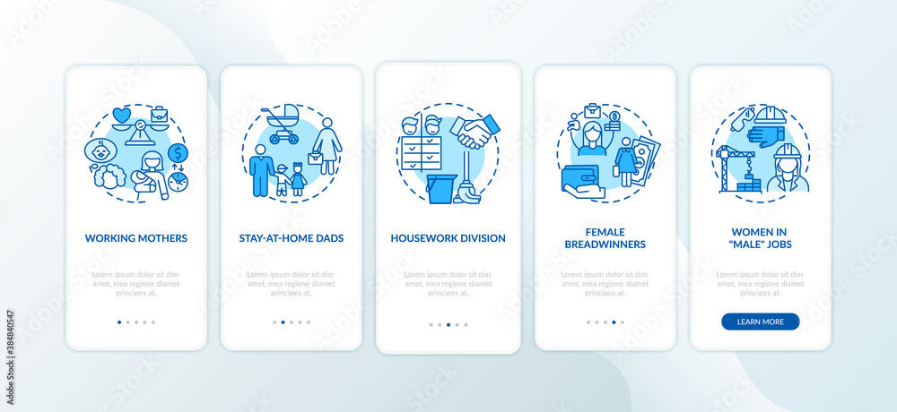 Changing gender roles onboarding mobile app page screen with concepts. Gender job opportunities types walkthrough 5 steps graphic instructions. UI vector template with RGB color illustrations