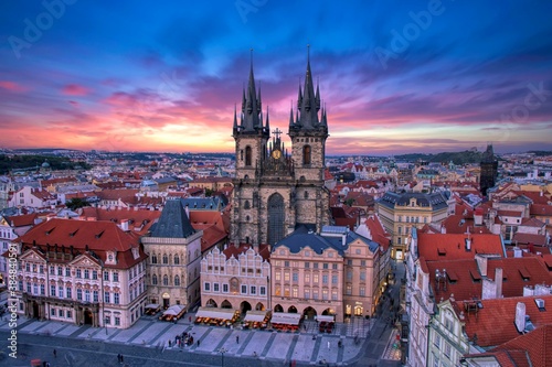 Prague old town square and church of Mother of God before Tyn in Prague, Czech Republic.