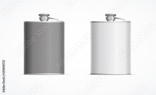 Realistic Detailed 3d Metal Hip Flask Set. Vector
