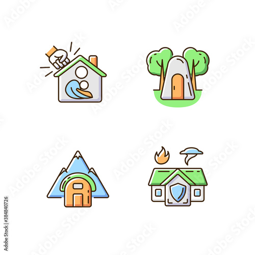 Temporary safe residence RGB color icons set. Domestic violence and abuse victims support. Single-person air raid shelter. Temporary tent. Emergency shelter. Isolated vector illustrations