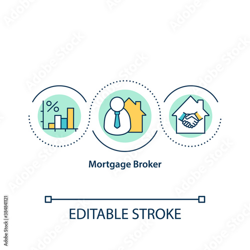 Mortgage broker concept icon. Middleman between buyer and potential lenders. Person arrange deal idea thin line illustration. Vector isolated outline RGB color drawing.