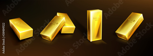 Golden bars, yellow metal ingots. Concept of money investment, solid currency, financial reserve. Vector realistic set of pure gold bullions on dark background. Symbol of treasure, rich savings