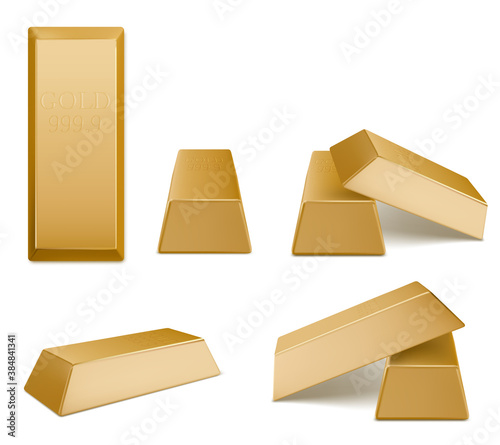 Gold bars, vector golden bricks, yellow precious metal bullion blocks of highest standard. Money investment, banking, finance system, capital isolated on dark background 3d realistic illustration, set