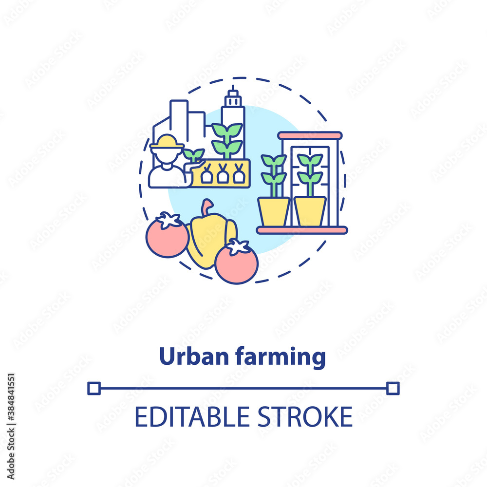 Urban farming concept icon. Agriculture innovation. Organic gardening in city. Food production idea thin line illustration. Vector isolated outline RGB color drawing. Editable stroke