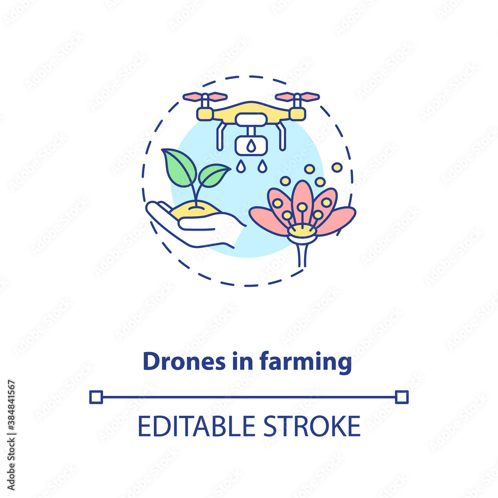 Drones in farming concept icon. Agriculture innovation. Technology in organic food production idea thin line illustration. Vector isolated outline RGB color drawing. Editable stroke