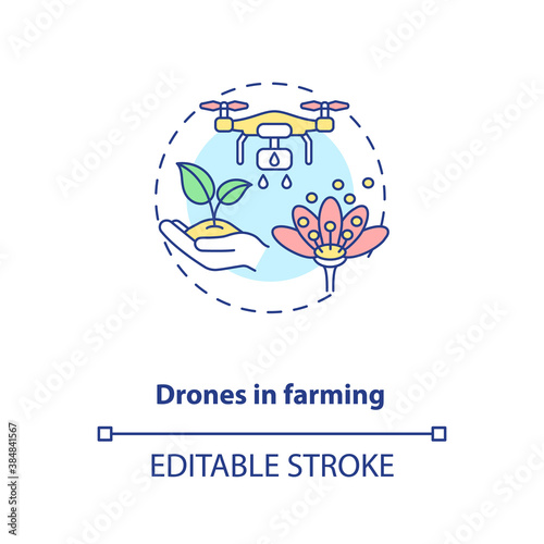 Drones in farming concept icon. Agriculture innovation. Technology in organic food production idea thin line illustration. Vector isolated outline RGB color drawing. Editable stroke