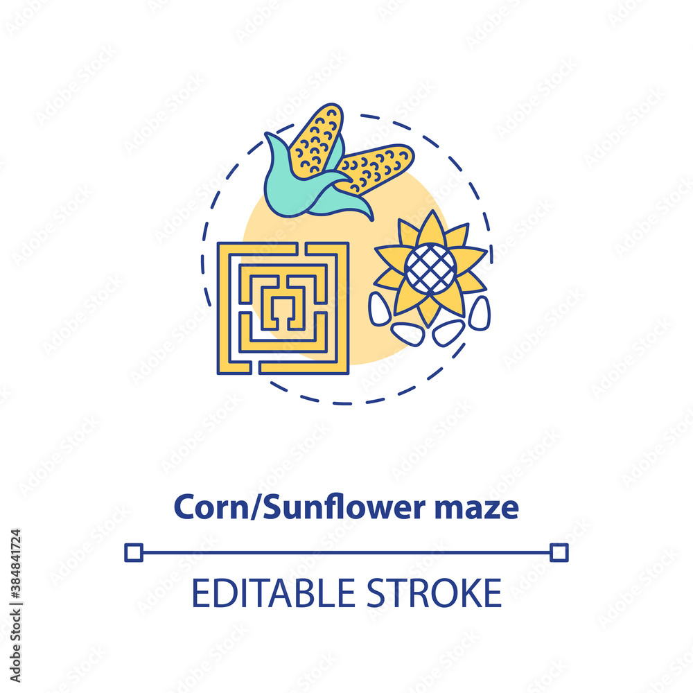 Corn and sunflower maze concept icon. Intersting unique vacation activities. Farm travelling. Agritourism idea thin line illustration. Vector isolated outline RGB color drawing. Editable stroke