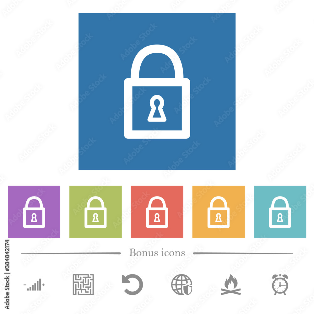 Locked padlock with keyhole flat white icons in square backgrounds Locked padlock with keyhole flat white icons in square backgrounds