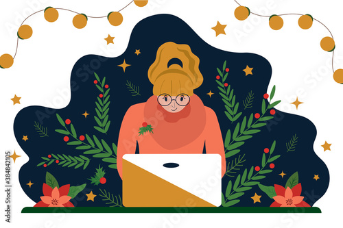 Business woman works for a laptop. A desktop decorated for Christmas and New Year. Festive workplace interior design. Flat vector illustration