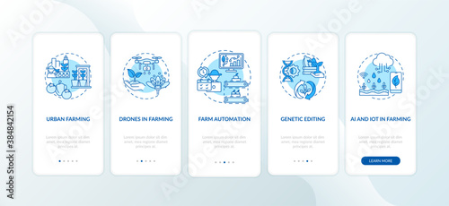 Agriculture innovation onboarding mobile app page screen with concepts. Drones in farming. Genetic editing walkthrough 5 steps graphic instructions. UI vector template with RGB color illustrations