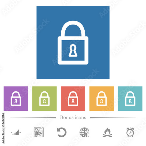 Locked padlock with keyhole flat white icons in square backgrounds