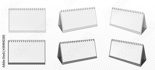 Desktop calendar with spiral and blank pages isolated on transparent background. Vector realistic mockup of white paper calender, office planner or notepad standing on table