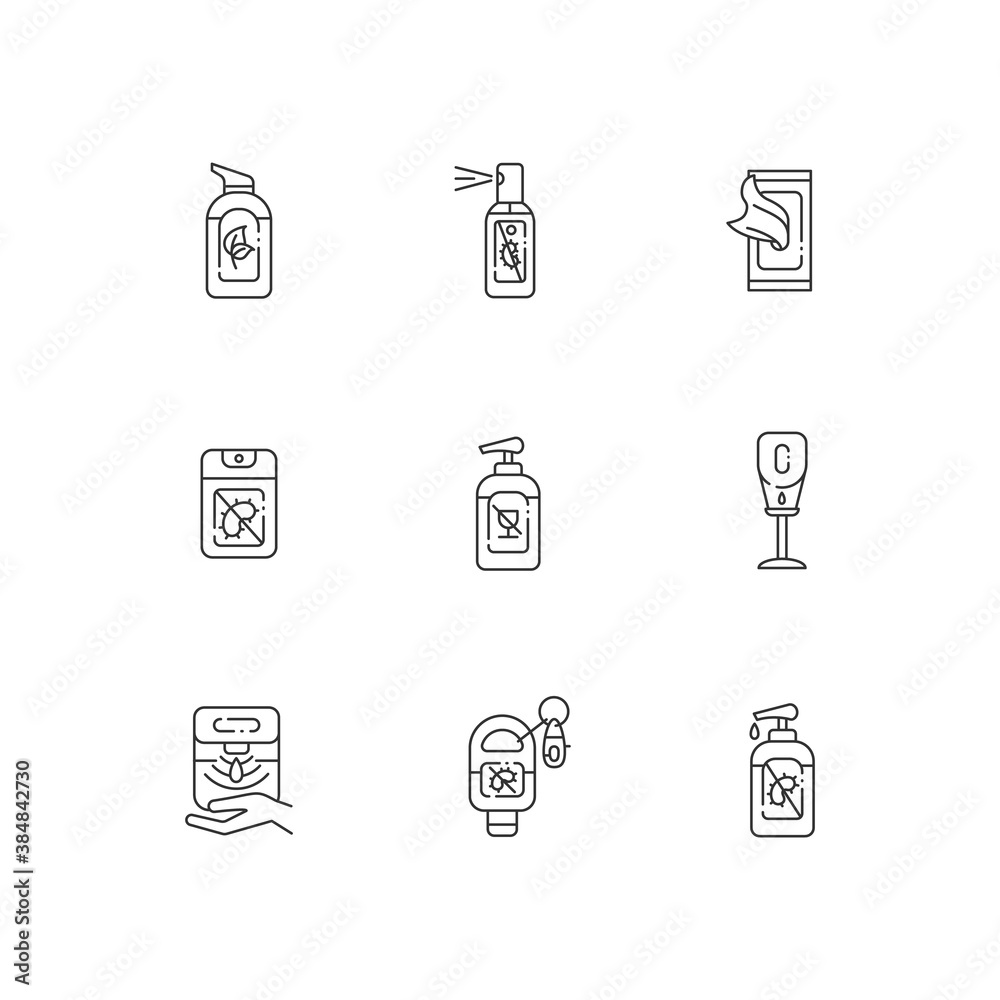 Hand sanitizers linear icons set. Antibacterial gel. Disinfectant liquid soap in tube. Customizable thin line contour symbols. Isolated vector outline illustrations. Editable stroke Hand sanitizers linear icons set. Antibacterial gel. Disinfectant liquid soap in tube. Customizable thin line contour symbols. Isolated vector outline illustrations. Editable stroke