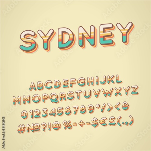 Sydney vintage 3d vector alphabet set. Retro bold font, typeface. Pop art stylized lettering. Old school style letters, numbers, symbols pack. 90s, 80s creative typeset design template