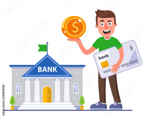 the person received a cashback from his bank card. profitable banking deal. flat vector character illustration.