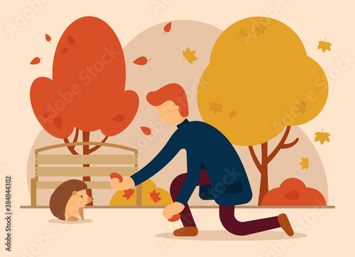 Vector autumn concept. A man in an autumn, beautiful park feeds a hedgehog from his hands. Autumn animals. Can be used for website and web banner.