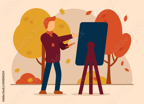 Vector concept of autumn inspiration. A man in an autumn park paints a picture with a paintbrush and a large easel. Inspired by the colorful and beautiful nature of autumn. Can be used for website and