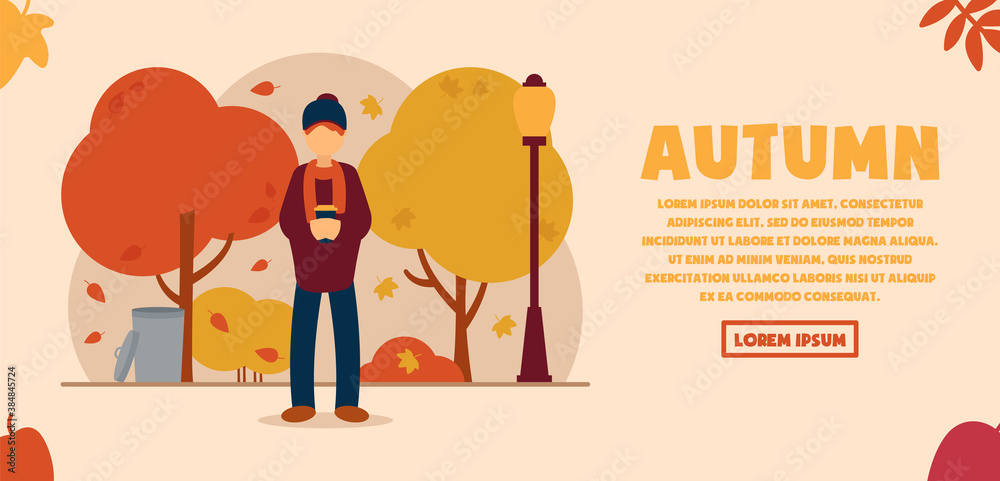 Vector autumn concept. A man in a beautiful autumn park stands with a warm cup of coffee in his hands and warms himself. Autumn weather. Lamp, trash can and trees from which leaves fall.