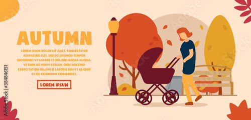 Vector autumn concept. A girl walks in an autumn park with a stroller in which a child lies. The kid reaches out for his mother. Can be used for website and web banner.