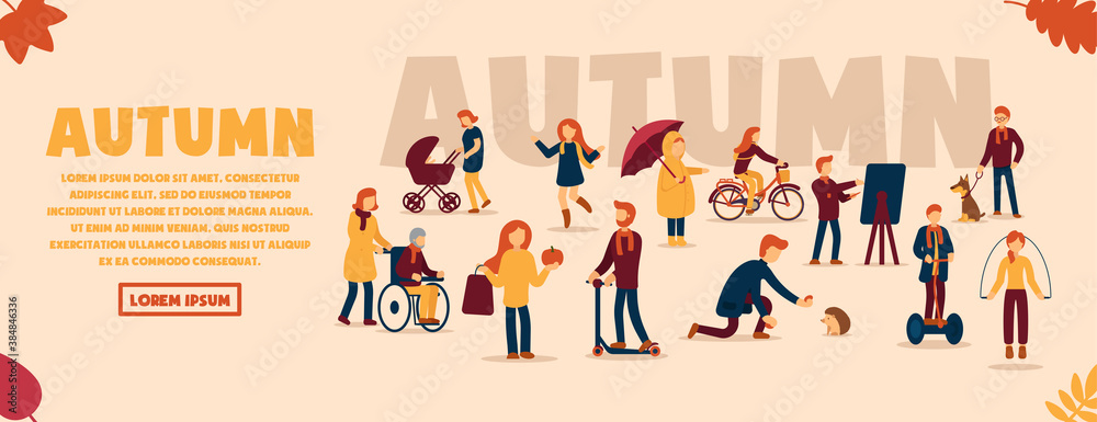 Fototapeta premium Vector autumn concept on isolated background. Autumn sports, mood inspiration. A girl rides a bicycle, a man feeds a hedgehog, a girl plays and jumps through puddles, a boy draws a picture. Web banner
